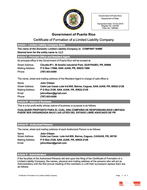 Puerto Rico certificate of formation of a limited liability company Word and PDF template, version 2